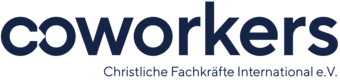 Logo von coworkers - Christliche Fachkräfte International e.V., mit einem modernen Schriftzug in dunkelblauer Schrift.