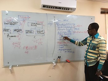 Ein Mann steht vor einem großen Whiteboard, zeigt auf eine Skizze und erklärt etwas. Im Hintergrund sind Diagramme und Notizen sichtbar.
