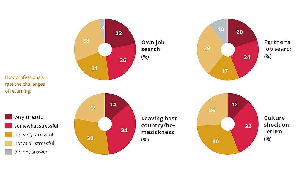 Four pie charts illustrating the challenges professionals face upon returning: 'Own job search,' 'Partner’s job search,' 'Leaving host country/homesickness,' and 'Culture shock on return.' Each chart uses colors to represent levels of stress: very stressful (dark red), somewhat stressful (red), not very stressful (yellow), not at all stressful (light yellow), and no answer (grey).