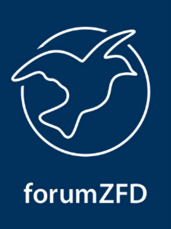 Logo Forum Ziviler Friedensdienst e.V. - in weiß auf einem dunkelblauen Hintergrund, mit einem stilisierten Vogel, der Frieden symbolisiert.