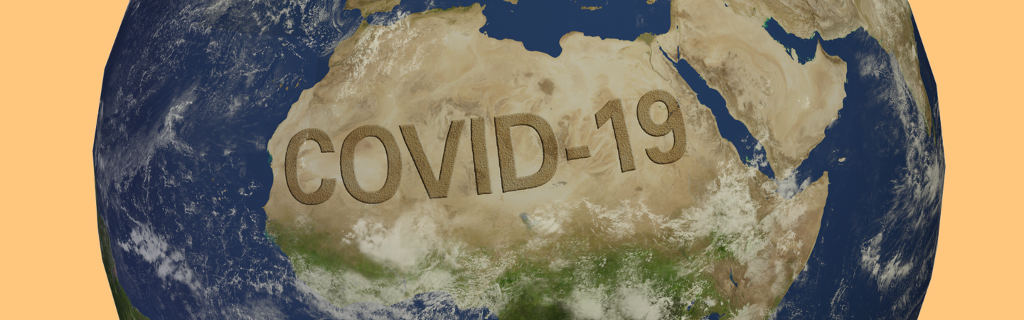Eine Weltkugel vor gelben Hintergrund mit der Aufschrift: Covid 19