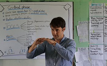 Felix erklärt vor einer Tafel in einem Klassenzimmer in Myanmar, auf der Diagramme und Texte zu sehen sind.