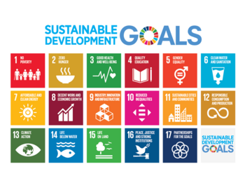 Ein Raster mit Symbolen und Beschreibungen der 17 Ziele für nachhaltige Entwicklung (Sustainable Development Goals) der Vereinten Nationen.