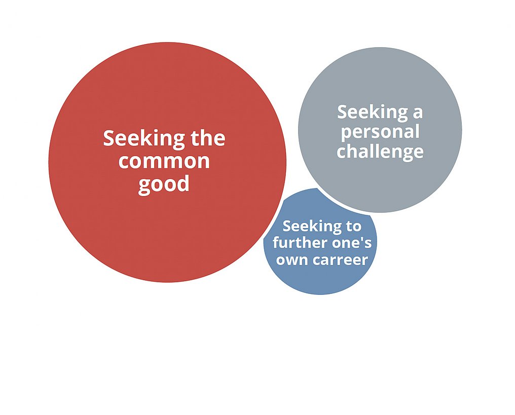 Graphic representation: Three overlapping circles illustrating motivations. The largest circle is labeled 'Seeking the common good,' followed by a medium circle labeled 'Seeking a personal challenge,' and the smallest circle labeled 'Seeking to further one's own career.'